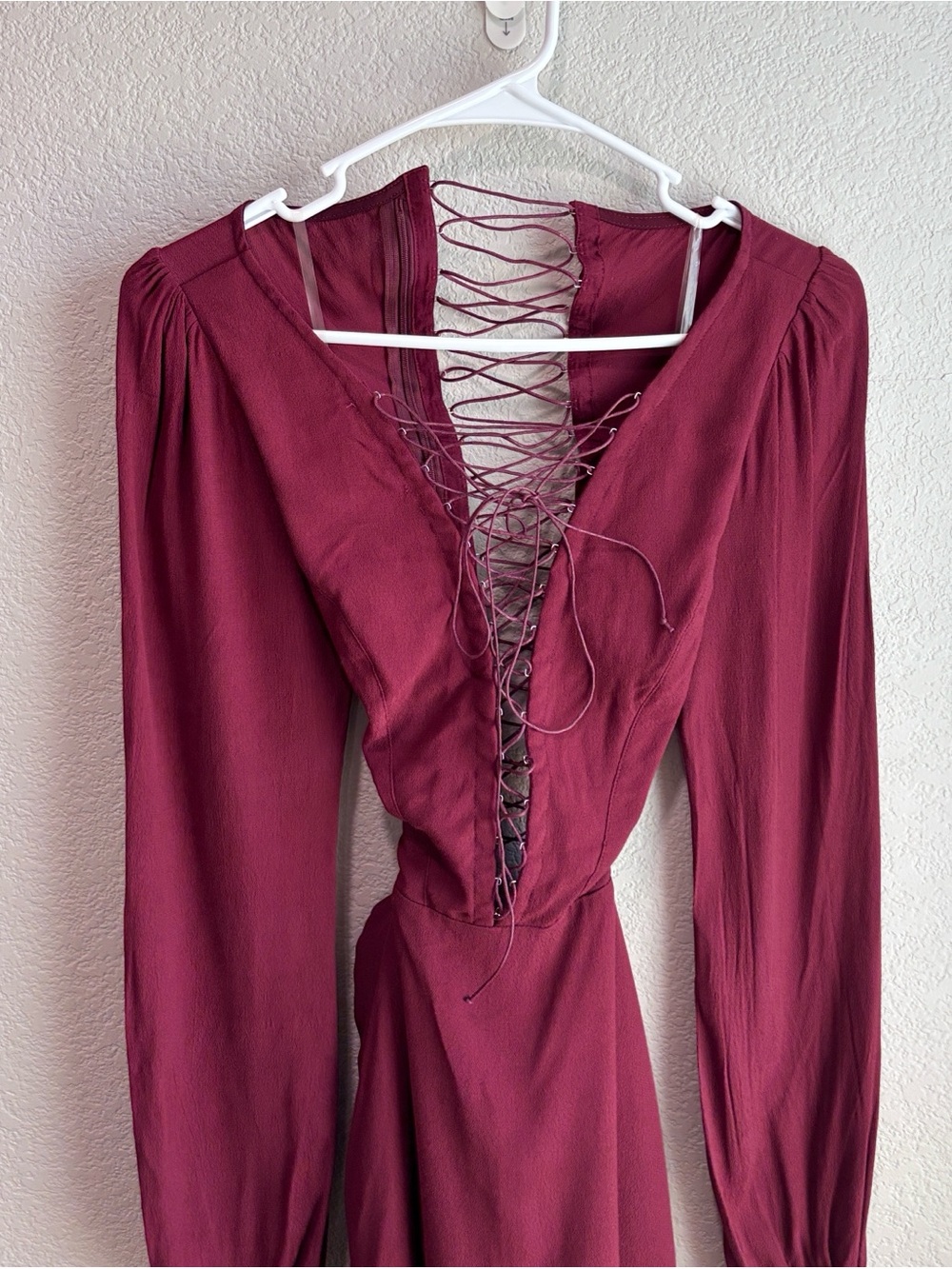 For Love & Lemons Lace Up Long Sleeve Mini Dress in Wine Red Size Small - Picture 5 of 10